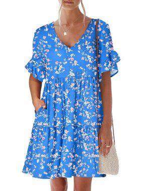 Anrabess Women's Blue Pink Neck Ruffle Sleeve A Line Tiered Mini Flowy Dress